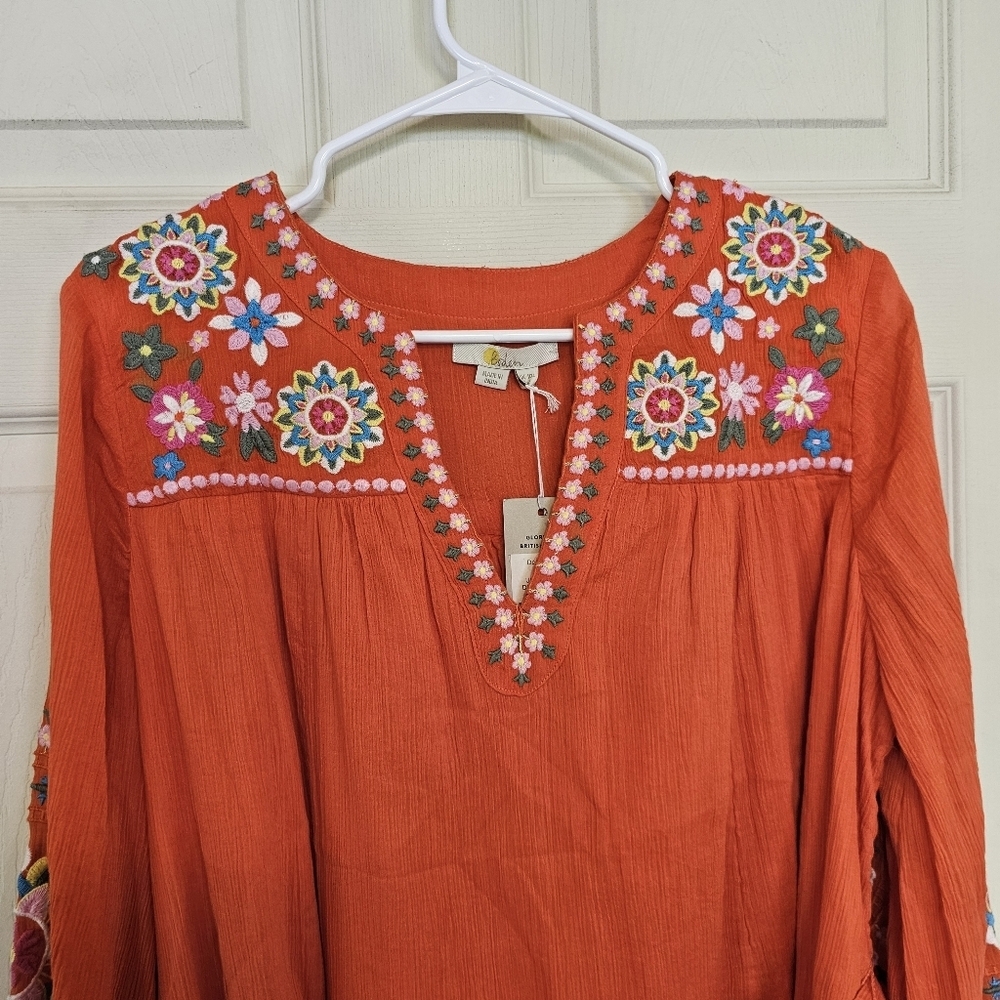 Boden Bohemian Floral Embroidered Cotton Gauzy Shift Dress SIZE 6L - Picture 5 of 9